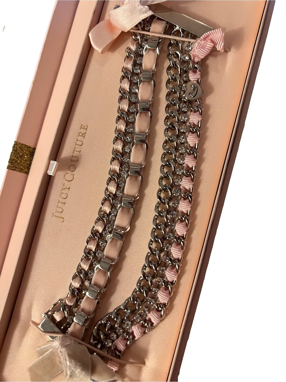 Juicy Couture Silver-Tone Multi Strand Bracelet with Pink Ribbon